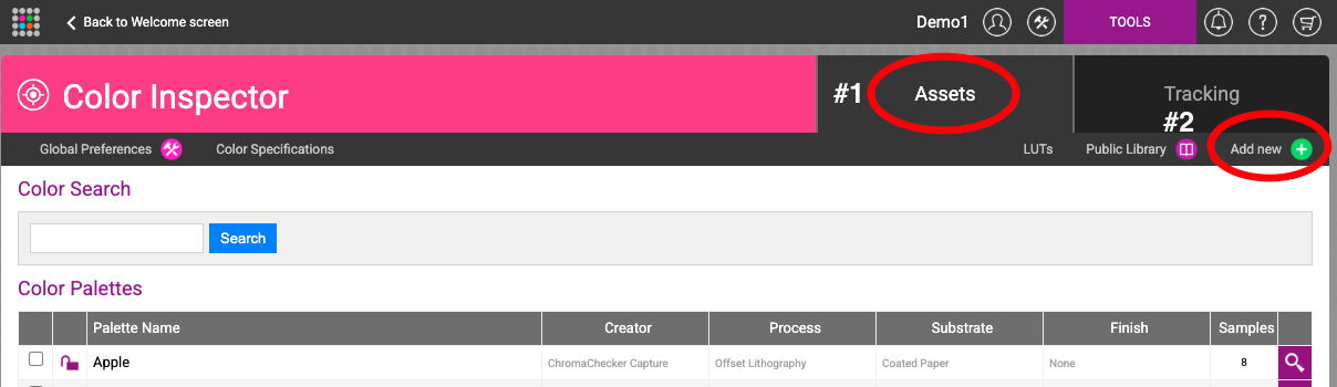 Color Inspector — Assets tab with Add new button highlighted