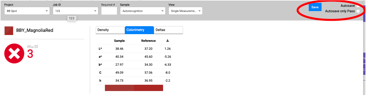 Save measurement — Job ID field and Autosave/Autosave only Pass options
