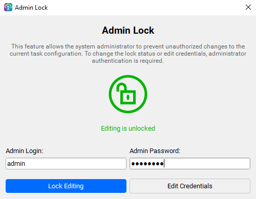 Admin Lock window in the unlocked state with a green padlock