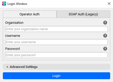 CC Sync Login window — Operator Auth tab with Organization, Username and Password fields