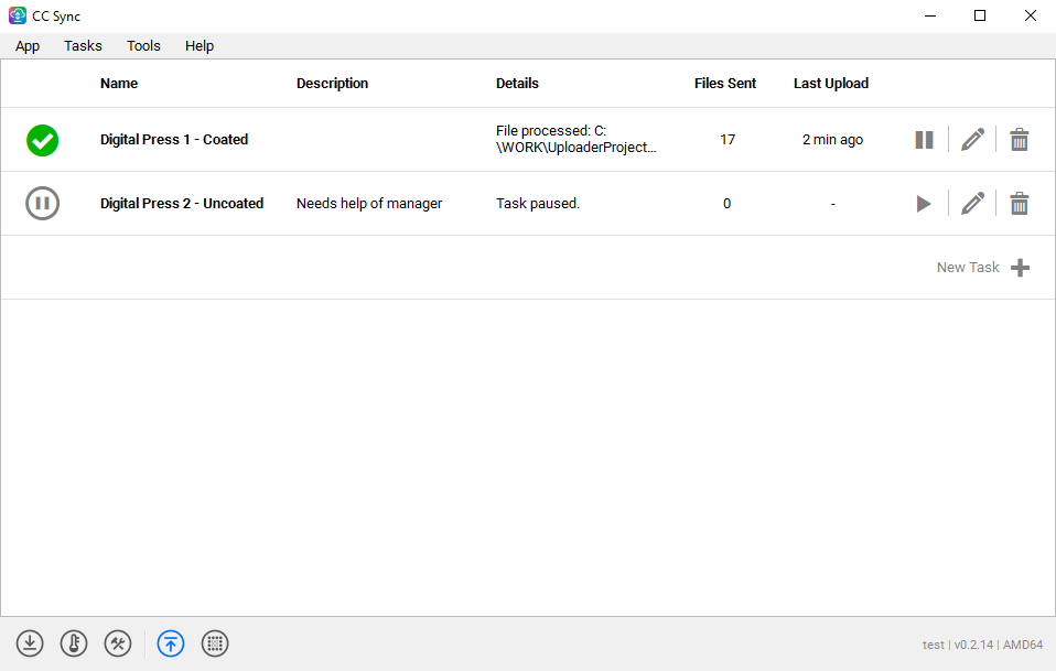 CC Sync Task Panel main window showing the menu bar, task list with status icons, the New Task button, and the bottom toolbar